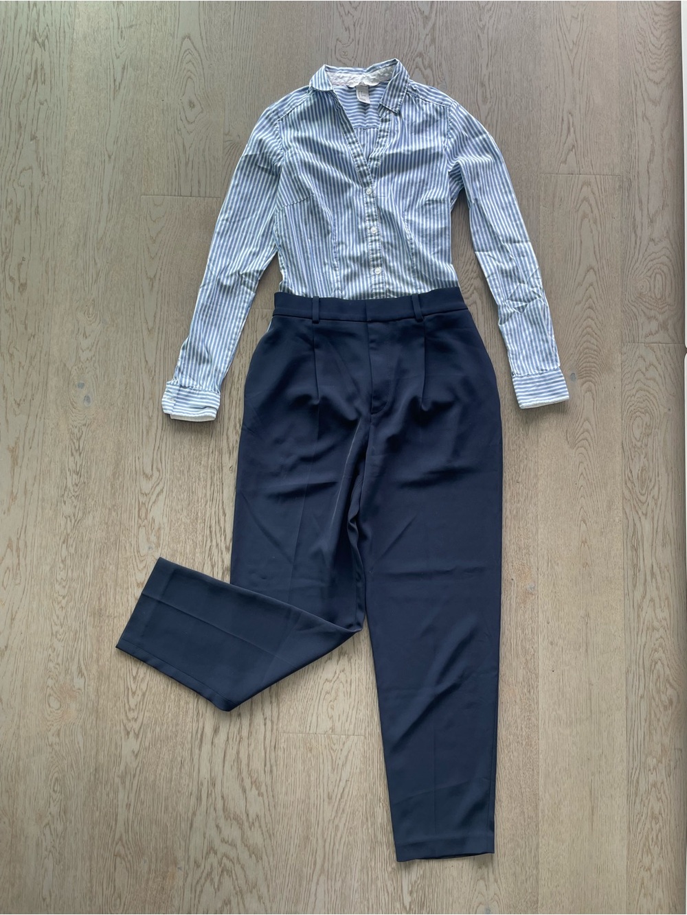 Uniqlo Navy High-Waist Tapered Dress Trousers & H&M shirt set